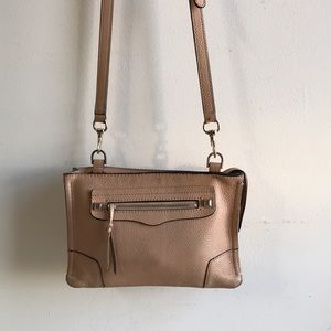 Rebecca Minkoff small crossbody bag tan leather zip close exterior pocket